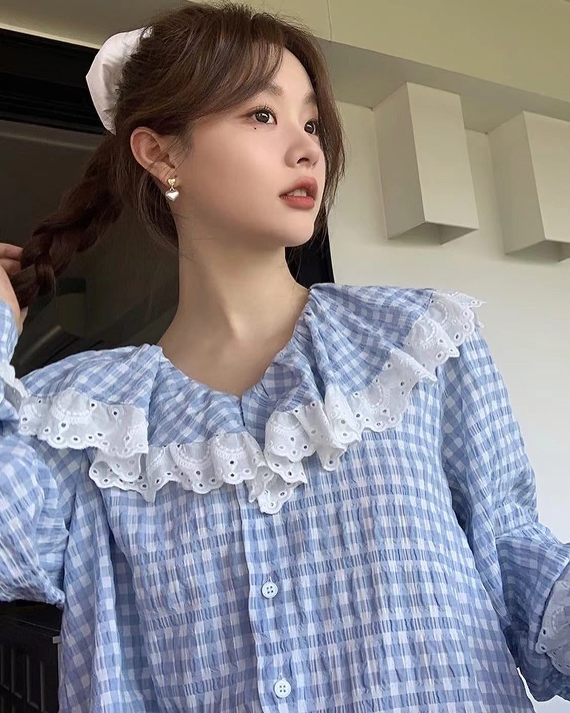 レースフリルチェックシャツ