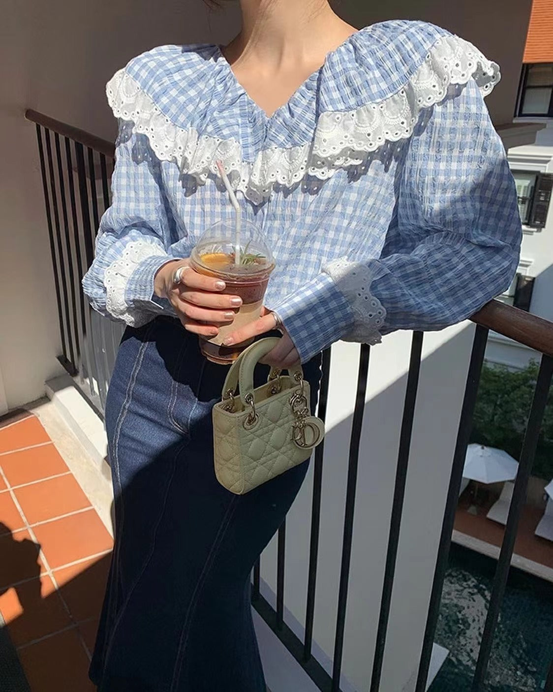 レースフリルチェックシャツ