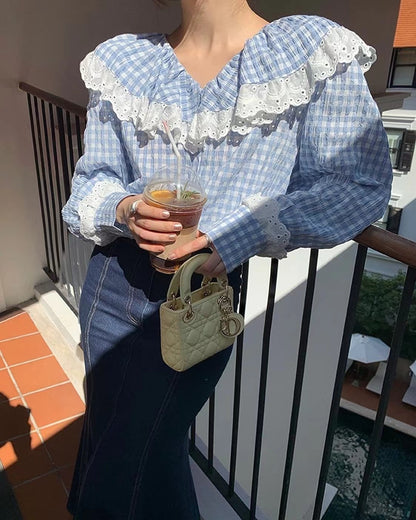 レースフリルチェックシャツ