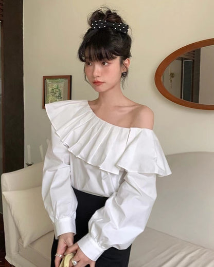 Pleated Asymmetric Shoulder Top