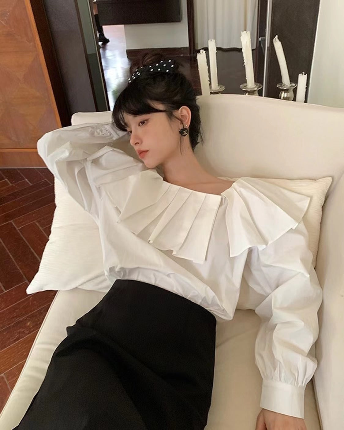 Pleated Asymmetric Shoulder Top