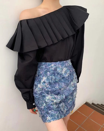 Pleated Asymmetric Shoulder Top
