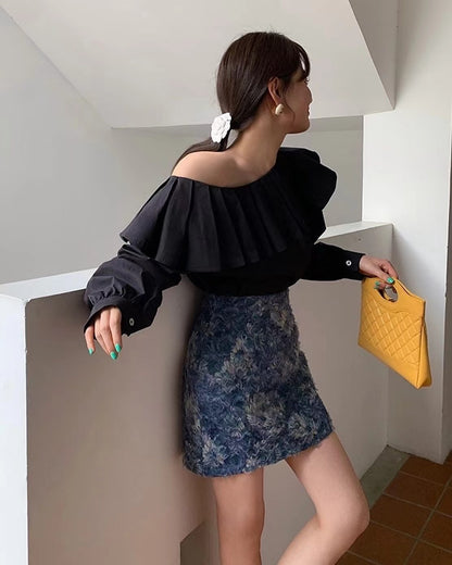 Pleated Asymmetric Shoulder Top