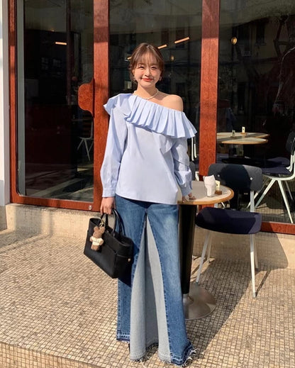 Pleated Asymmetric Shoulder Top