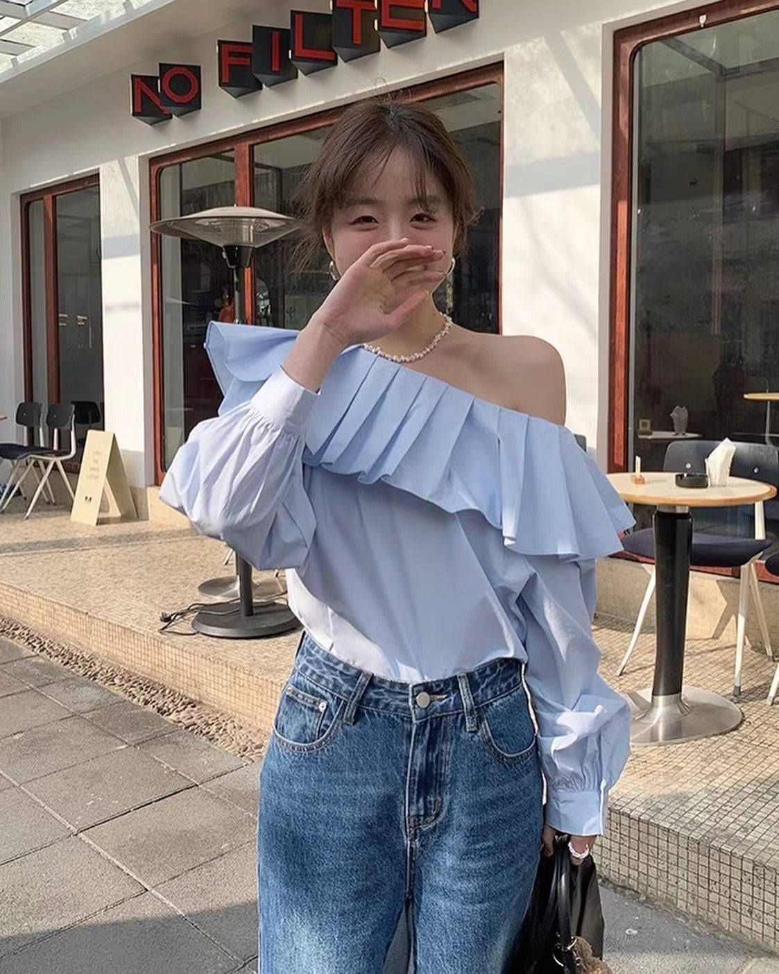 Pleated Asymmetric Shoulder Top