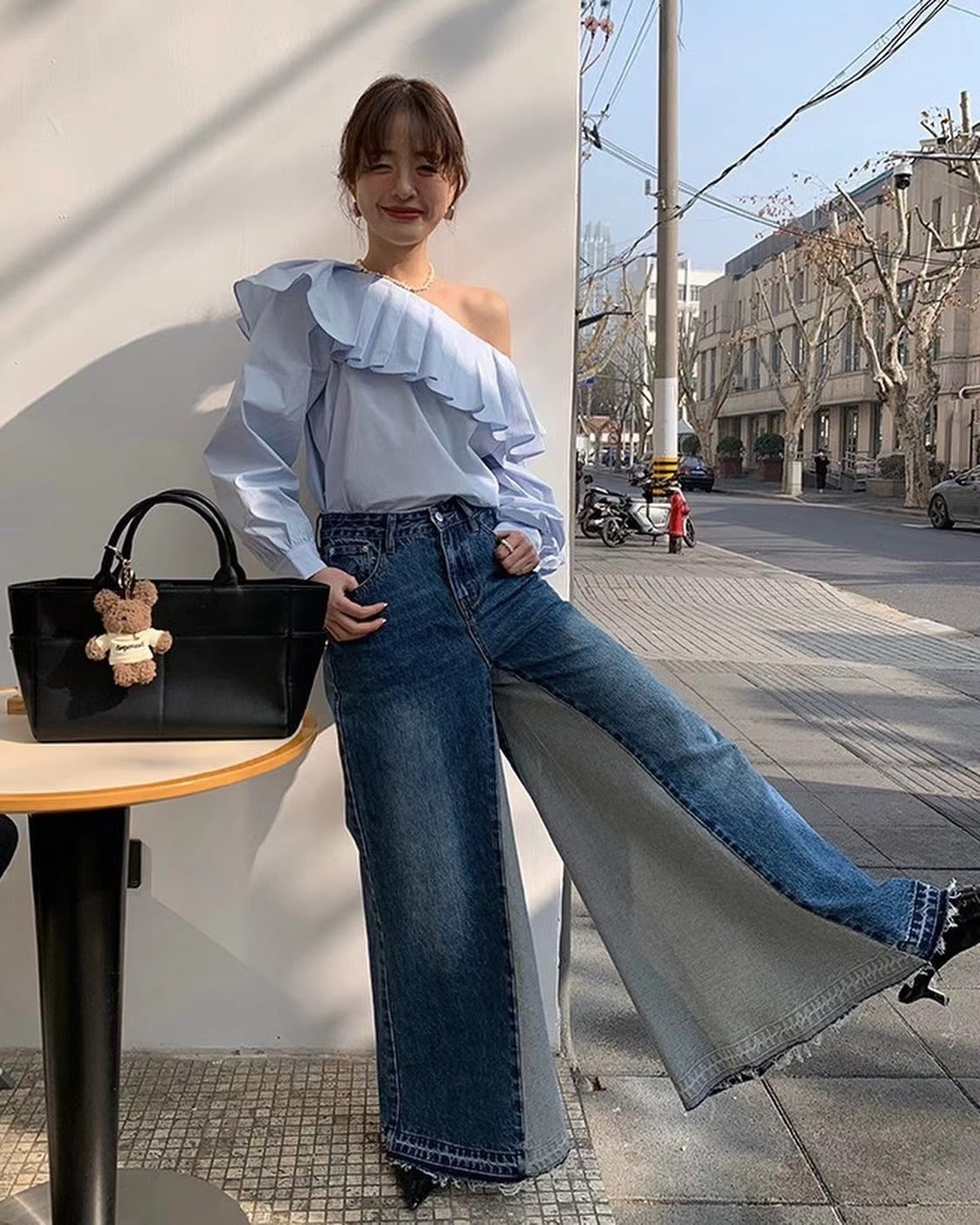 Pleated Asymmetric Shoulder Top