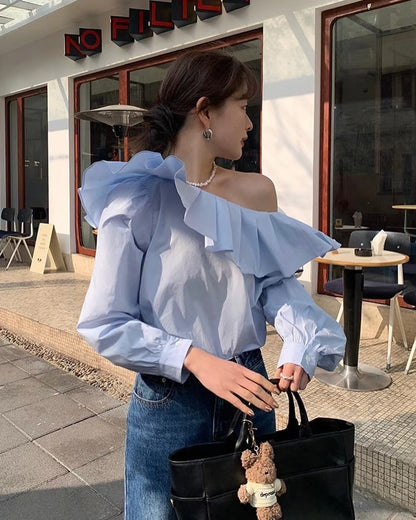 Pleated Asymmetric Shoulder Top