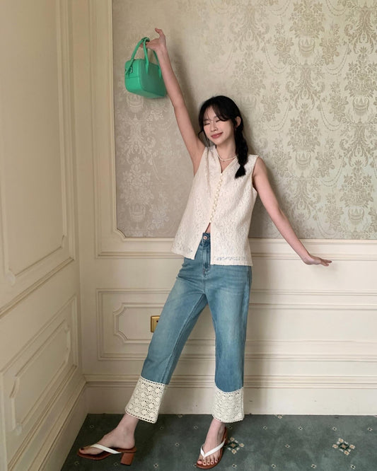 蕾絲邊高腰牛仔褲