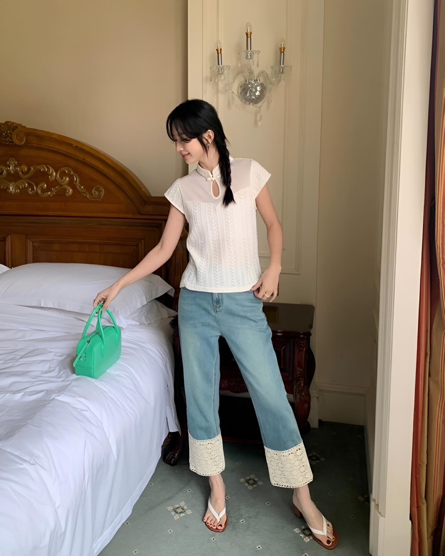 蕾絲邊高腰牛仔褲