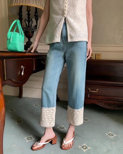 蕾絲邊高腰牛仔褲