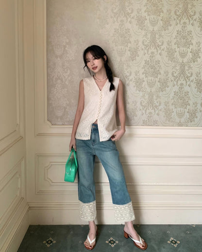蕾絲邊高腰牛仔褲