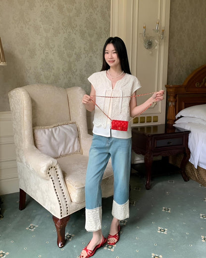 蕾絲邊高腰牛仔褲