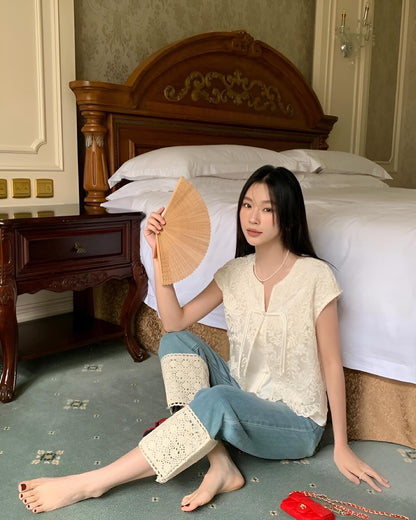 蕾絲邊高腰牛仔褲