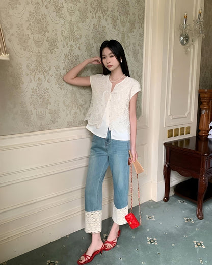 蕾絲邊高腰牛仔褲