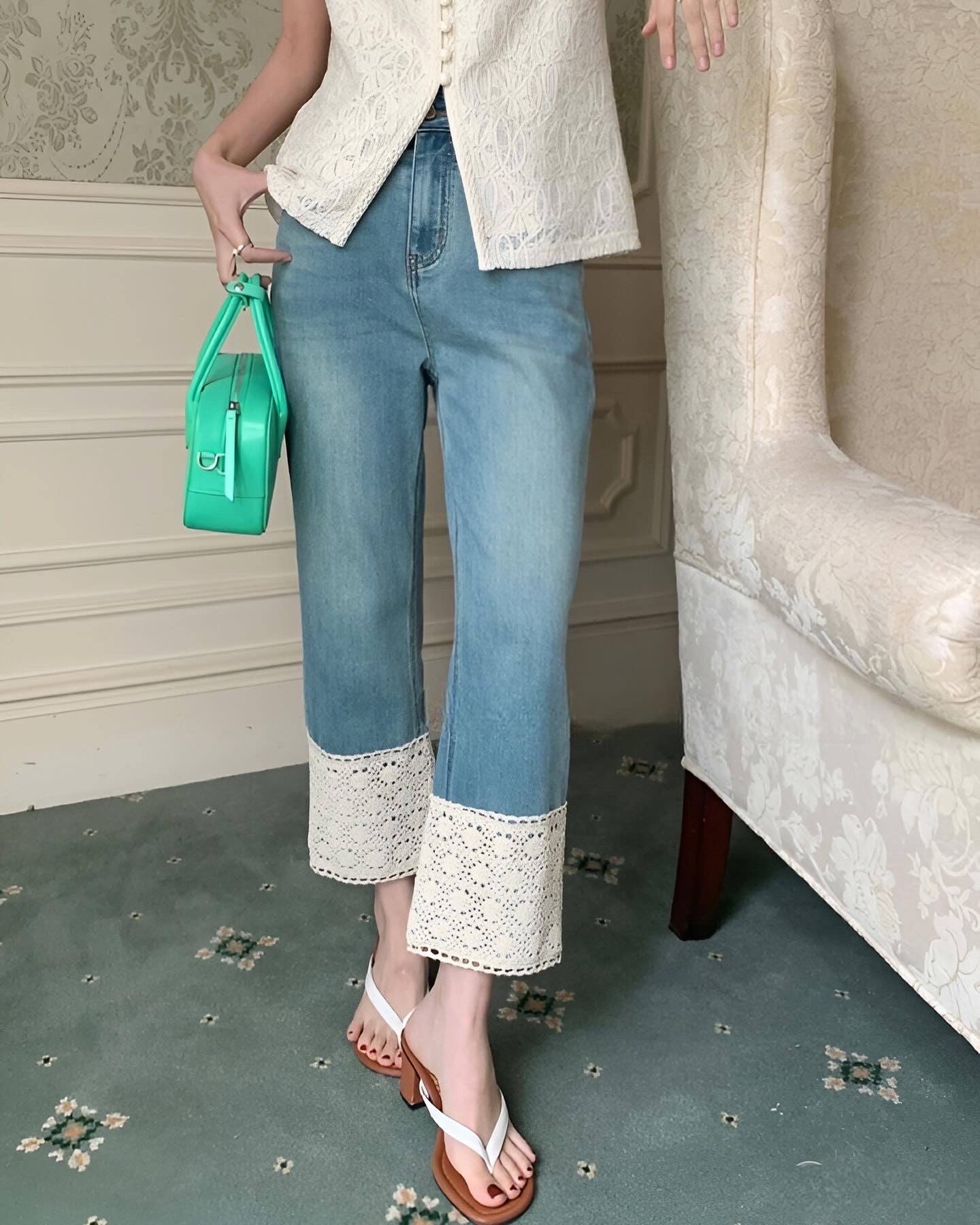 蕾絲邊高腰牛仔褲