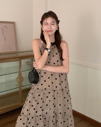 ヴィンテージ風水玉模様のホルターネックワンピース
