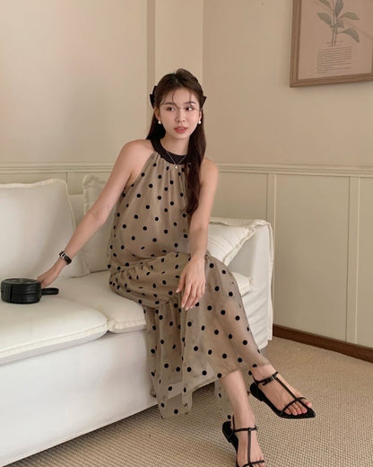 ヴィンテージ風水玉模様のホルターネックワンピース