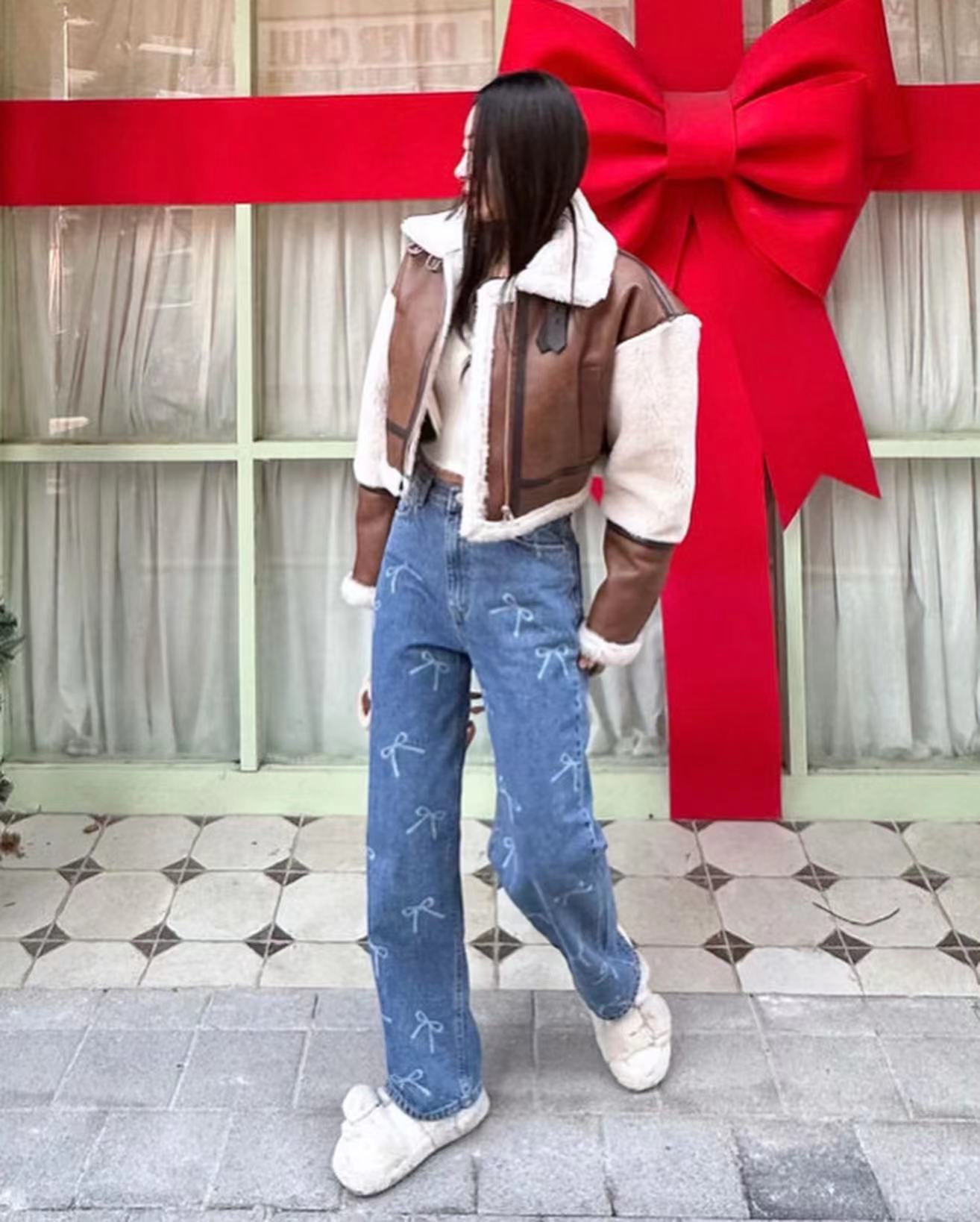 蝴蝶結印花牛仔褲