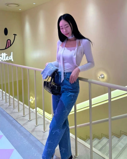 蝴蝶結印花牛仔褲