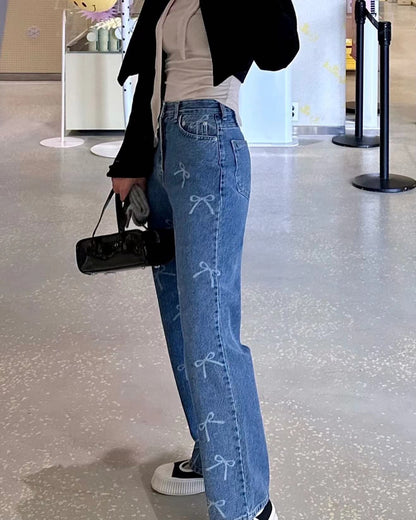 蝴蝶結印花牛仔褲