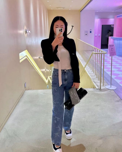 蝴蝶結印花牛仔褲