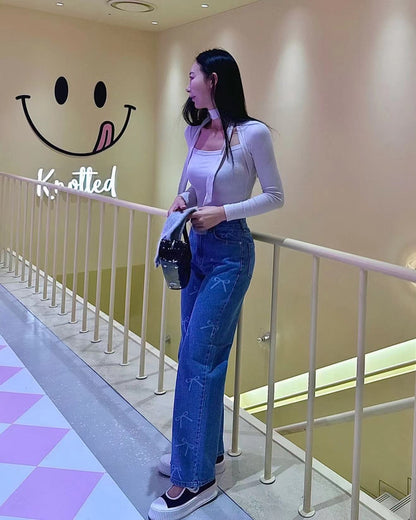 蝴蝶結印花牛仔褲