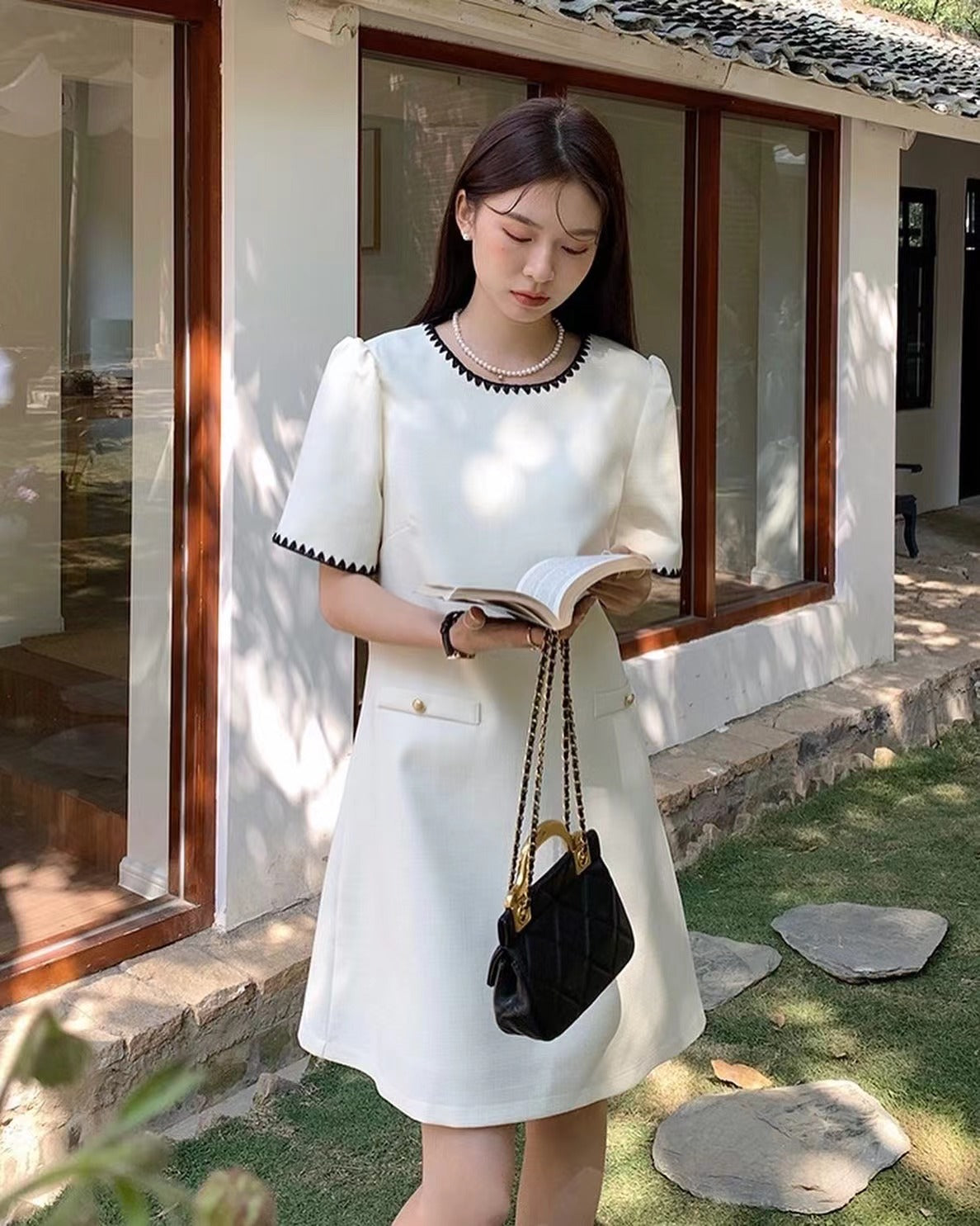 Color-Blocked Trim Tweed Dress