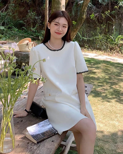 Color-Blocked Trim Tweed Dress