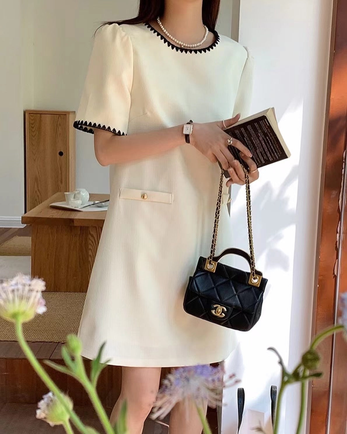 Color-Blocked Trim Tweed Dress