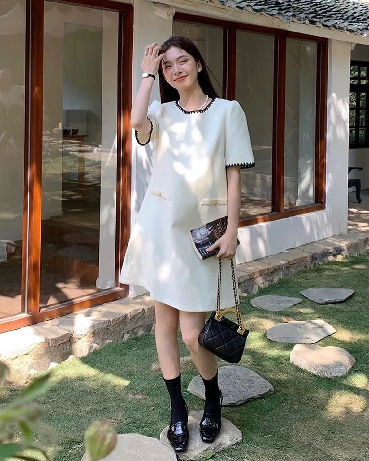 Color-Blocked Trim Tweed Dress