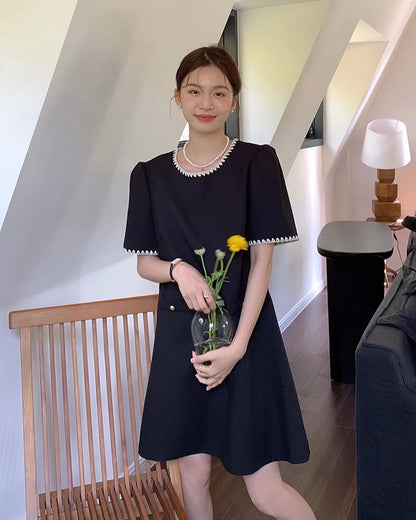 Color-Blocked Trim Tweed Dress