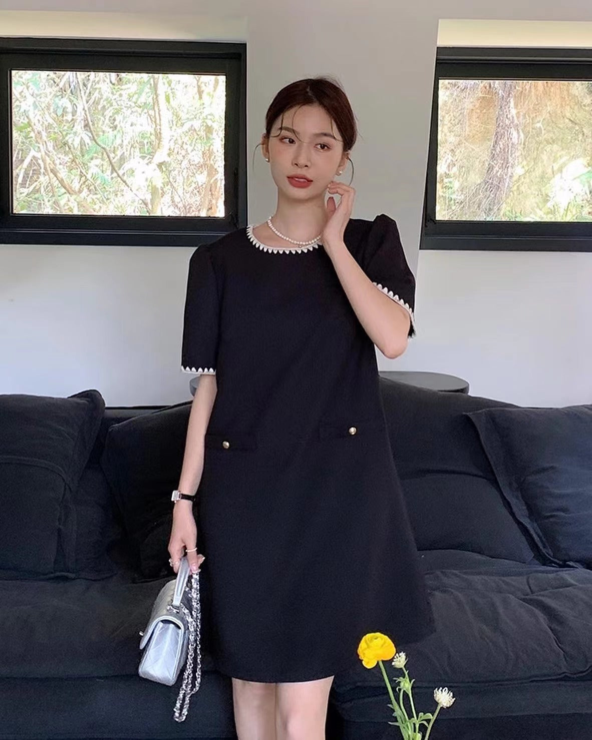 Color-Blocked Trim Tweed Dress