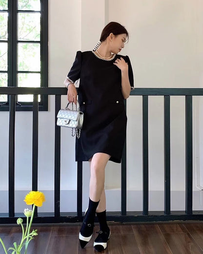 Color-Blocked Trim Tweed Dress