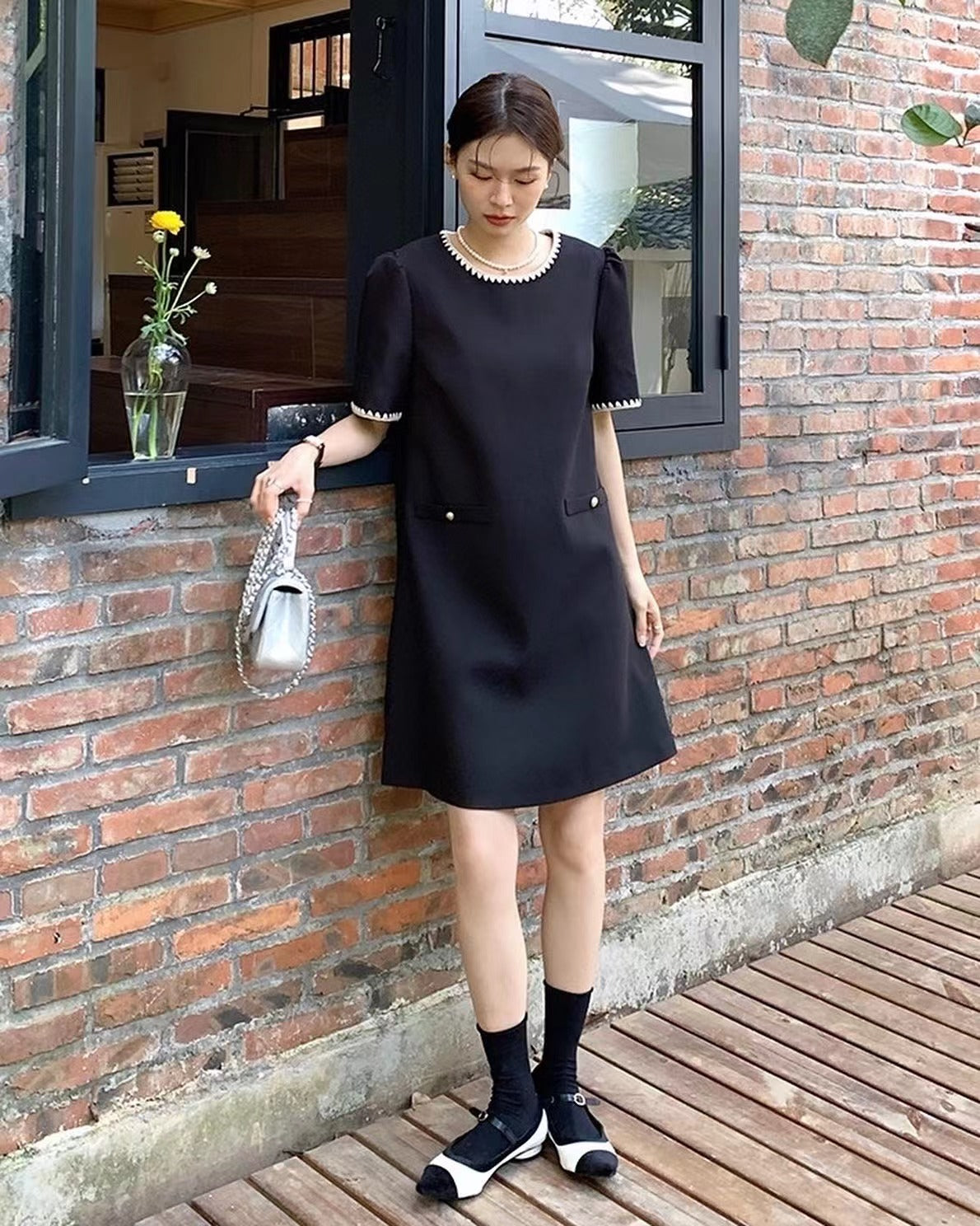 Color-Blocked Trim Tweed Dress