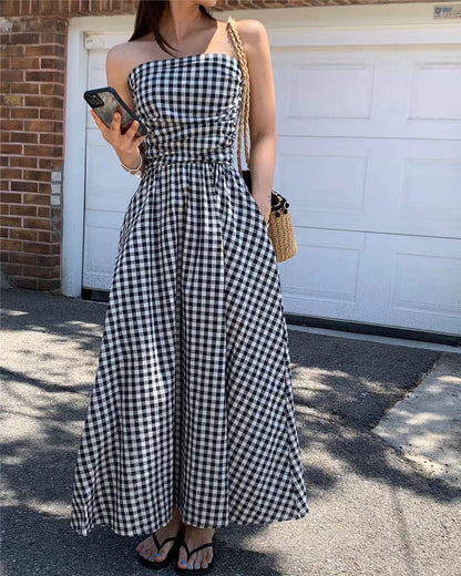 抹胸格仔連身裙