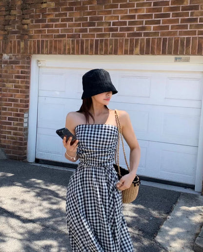 抹胸格仔連身裙