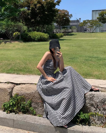 抹胸格仔連身裙