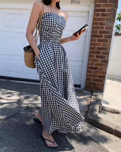 抹胸格仔連身裙