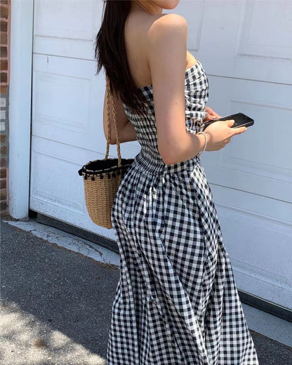 抹胸格仔連身裙