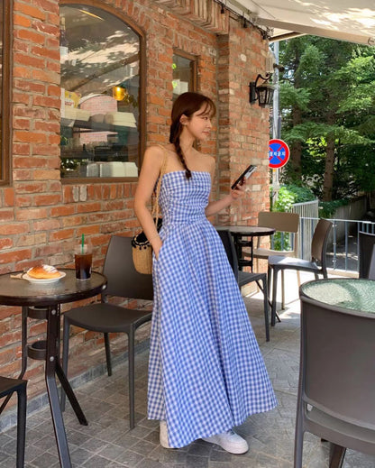 抹胸格仔連身裙