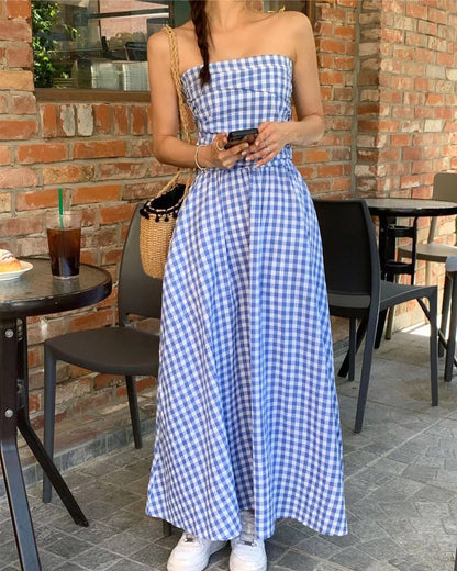 抹胸格仔連身裙