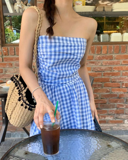 抹胸格仔連身裙