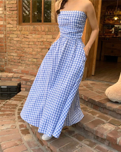 抹胸格仔連身裙