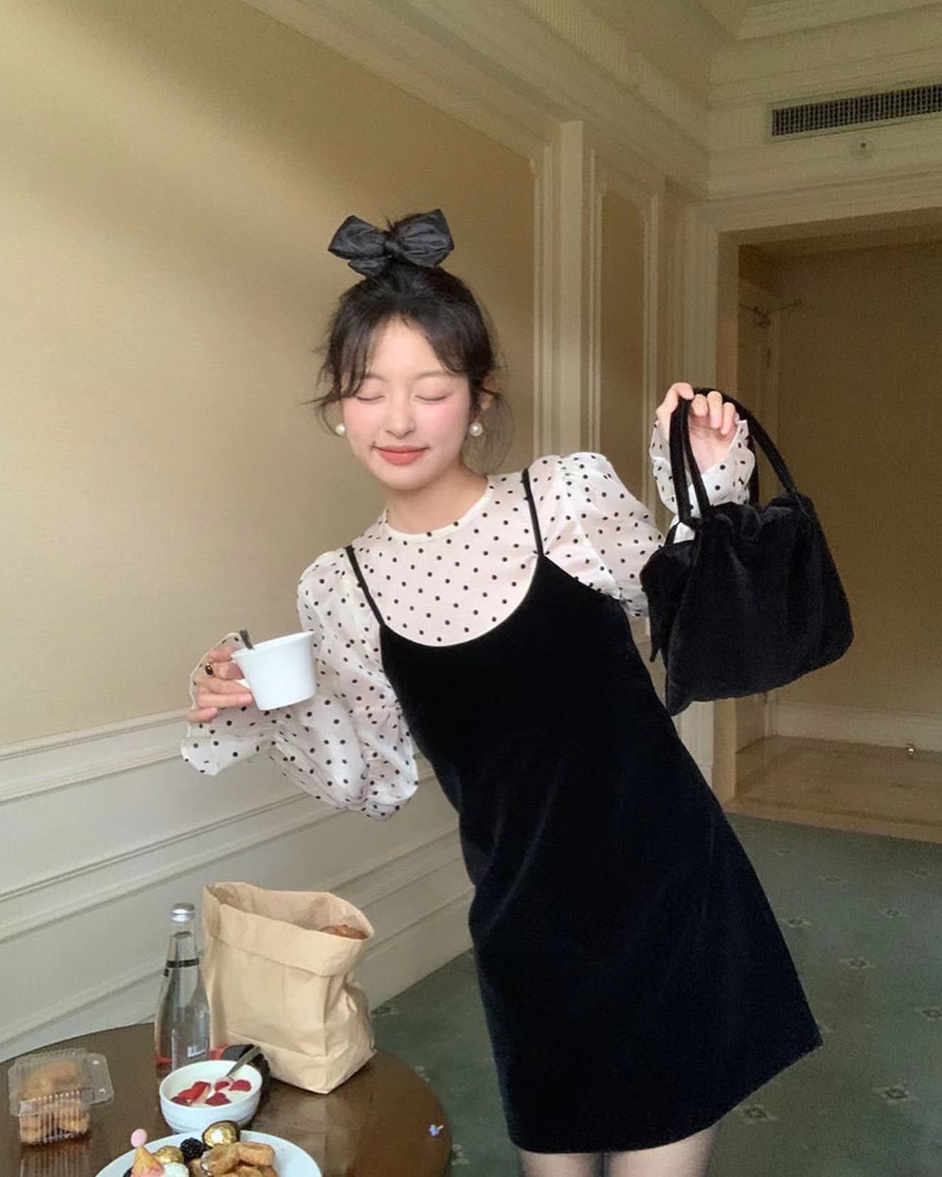 Bow Tie Polka Dot Top + Suspender Skirt Set