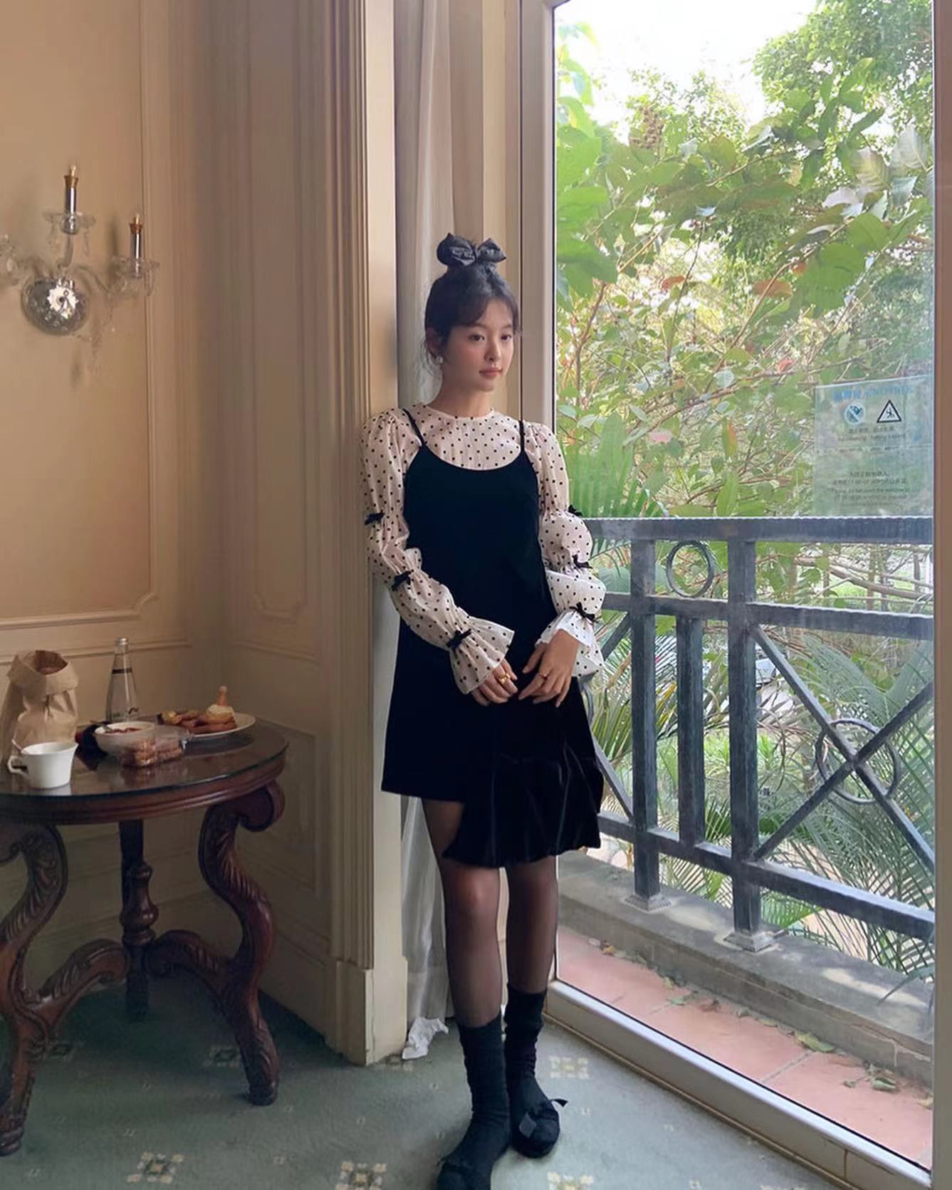 Bow Tie Polka Dot Top + Suspender Skirt Set