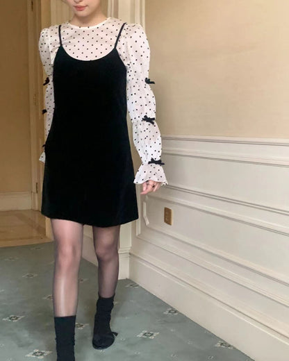 Bow Tie Polka Dot Top + Suspender Skirt Set