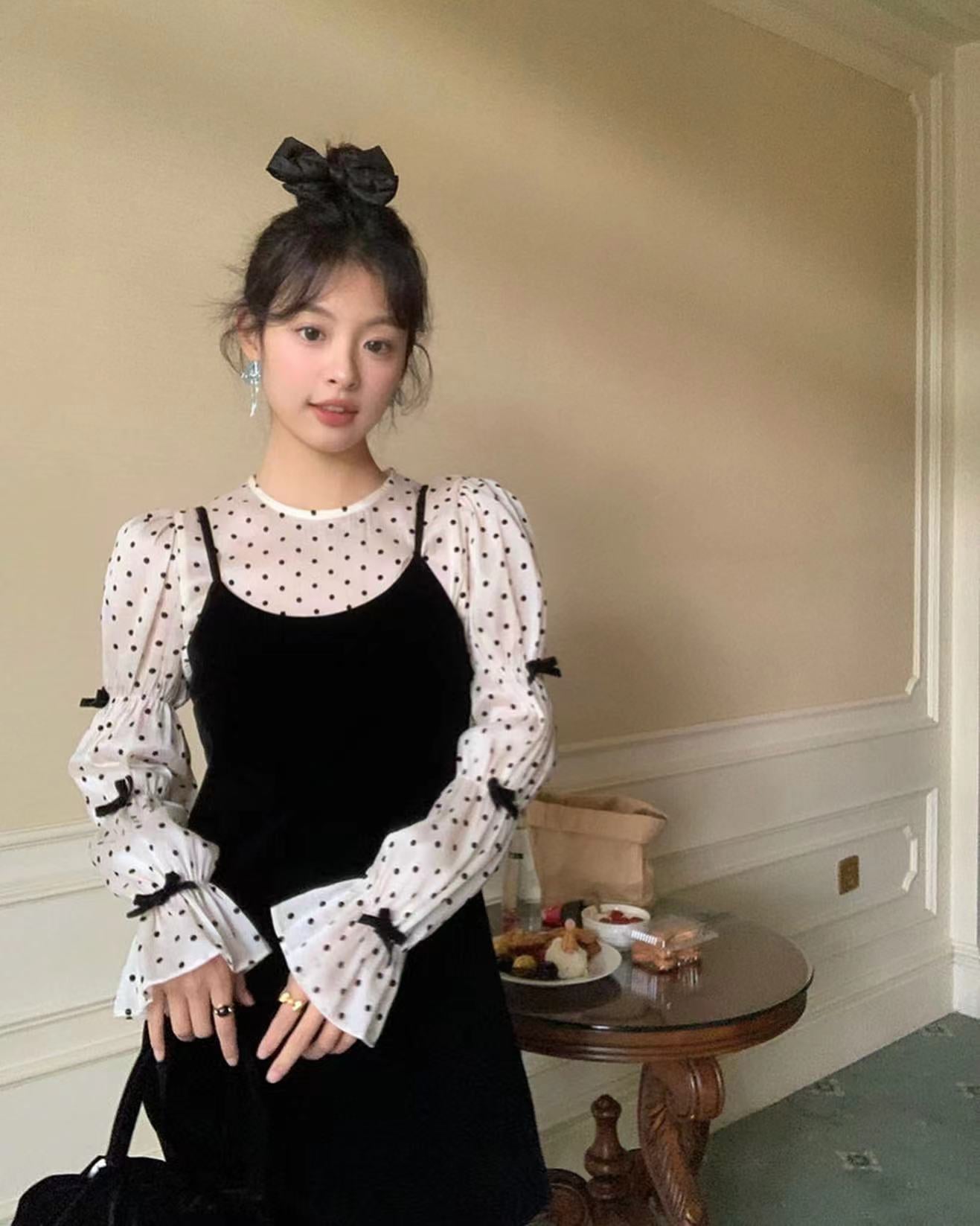 Bow Tie Polka Dot Top + Suspender Skirt Set