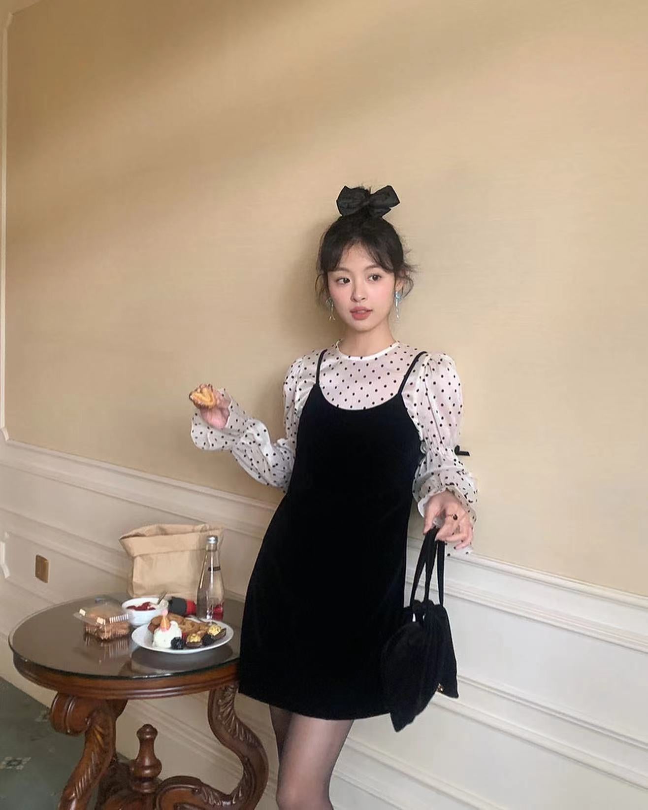 Bow Tie Polka Dot Top + Suspender Skirt Set