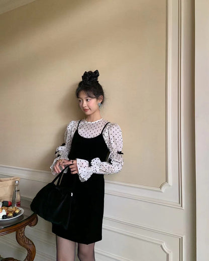 Bow Tie Polka Dot Top + Suspender Skirt Set