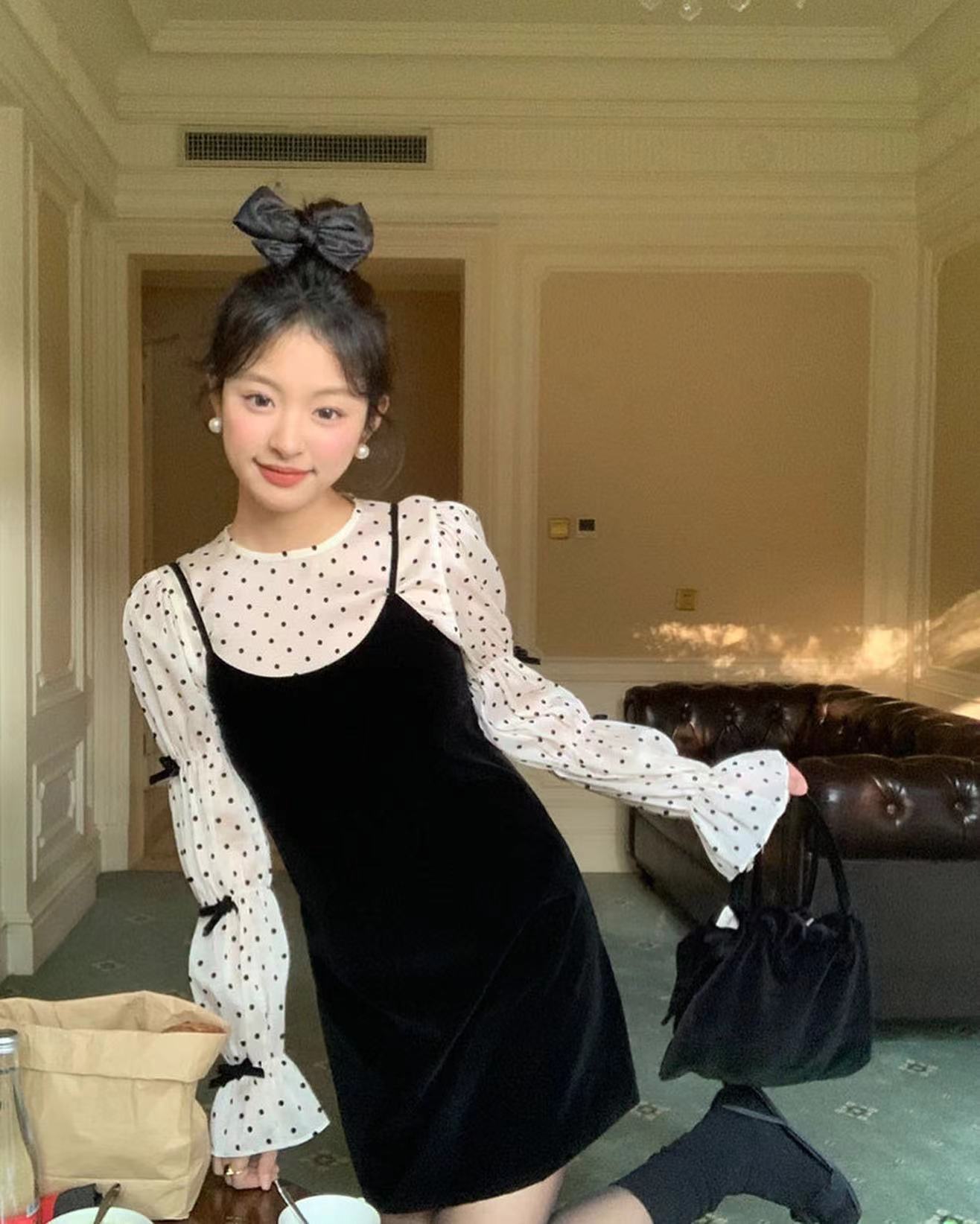 Bow Tie Polka Dot Top + Suspender Skirt Set